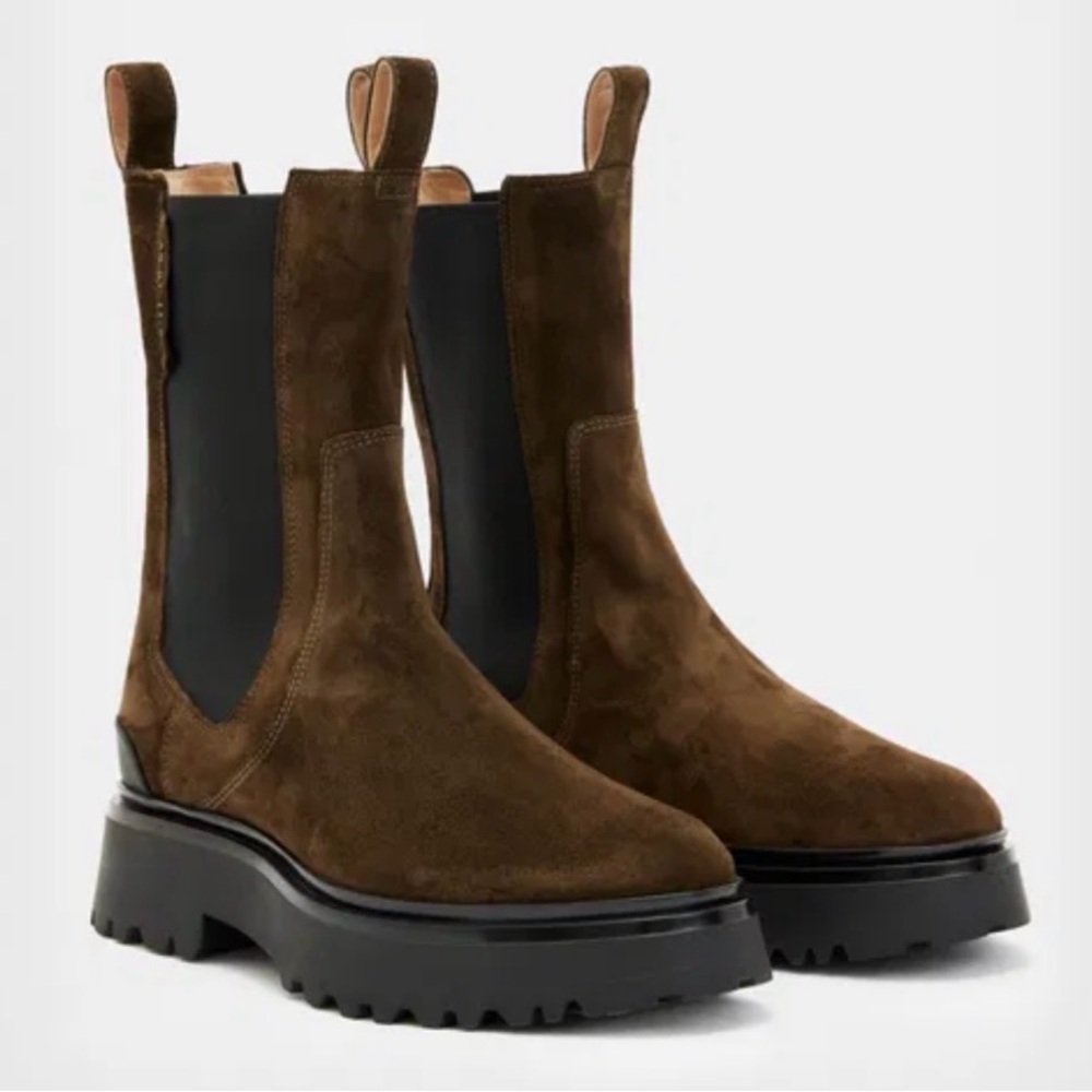All Saints Amber Suede Chelsea Boot Platform Lug Sole Khaki Green Women’s Size 8